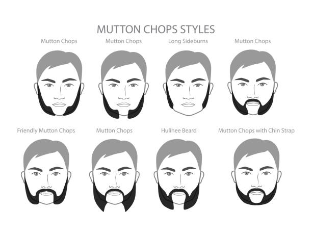 ilustrações, clipart, desenhos animados e ícones de conjunto de mutton chops, barba e bigode com nome, estilo texto, homens, ilustração do rosto, cabelo facial. retrato preto do vetor - men human hair beautiful chin