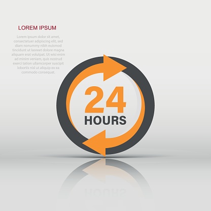 24 hours service icon in flat style. All day business and service vector illustration on isolated background. Quick service time sign business concept.