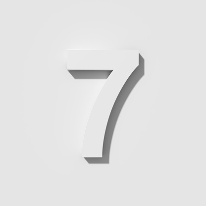 White number seven 7 on white background. Top view. 3D render.