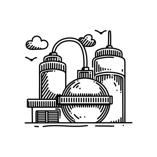 Vector illustration of Oil Refinery Line icon, Sketch Design, Pixel perfect, Editable stroke. Logo, Sign, Symbol. Oil Industry, Petrol.