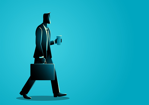 Businessman walking with confidence, carrying briefcase and coffee cup for a dynamic workday scene, vector illustration