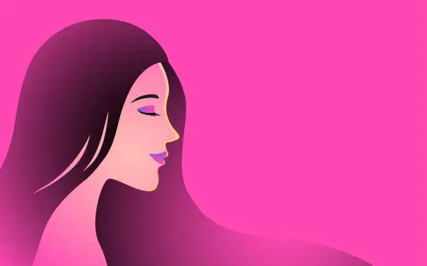 Vector illustration of Beautiful woman face with long hair on pink background