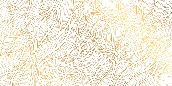 Vector golden leaves botanical modern, art deco wallpaper background pattern, floral texture. Line design for interior design, textile, texture, poster, package, wrappers, gifts. Luxury