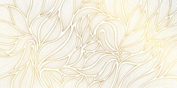 Vector illustration of Vector golden leaves botanical modern, art deco wallpaper background pattern, floral texture. Line design for interior design, textile, texture, poster, package, wrappers, gifts. Luxury