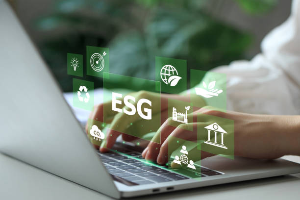 esg 환경 사회 거버넌스 투자 사업 개념. esg 아이콘이 있는 노트북 컴퓨터에서 일하는 여성. 비즈니스 및 환경 지속 가능성에 대한 투자 전략의 개념 - 기업의 사회적책임 뉴스 사진 이미지