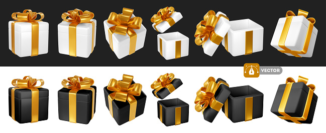 Set of 3d realistic white and black satin gift boxes with luxury golden bow. Open and closed. Holiday design element for birthday, wedding, advertising banner of sale and other events. Vector