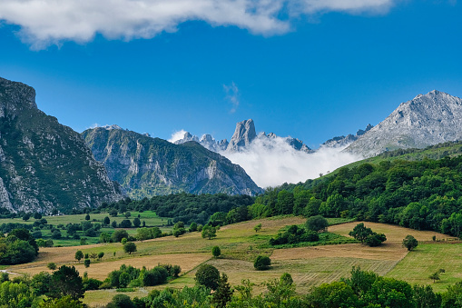 View of the summit of Naranjo de Bulnes, also known as Picu Urriellu. Located in the Macizo Central region of the Picos de Europa National Park, Asturias in northern Spain.