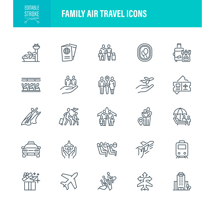 Family Air Travel Icon Set. Editable Stroke. Contains such icons as  Plane, Hotel, Backpack, Restaurant, Rail Transportation, Journey, Tourism