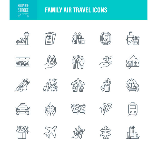 Family Air Travel Icons Editable Stroke vector art illustration