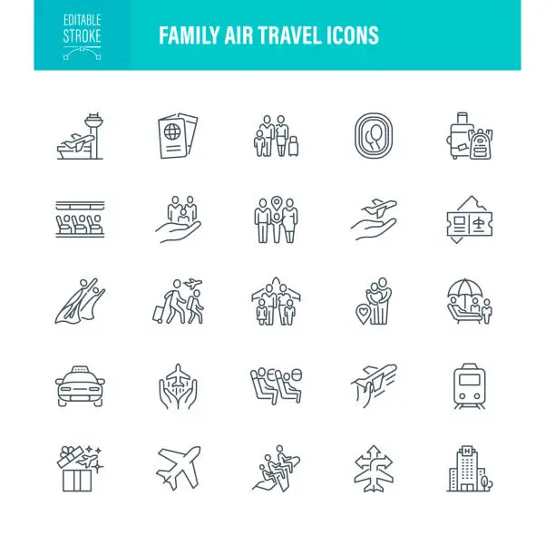 Vector illustration of Family Air Travel Icons Editable Stroke