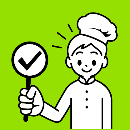 istock A chef boy is holding up a sign with a Tick symbol that means "Approved, Confirm, Pass, Permission", looking at the viewer, with a minimalist style, black and white outline 1613588449