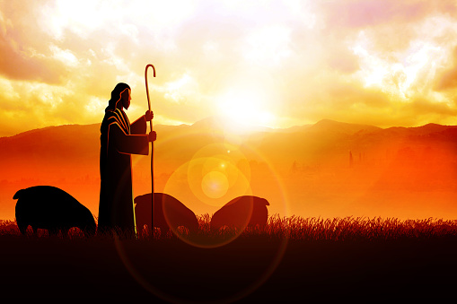 Spiritual serenity, Jesus  the Shepherd, gracefully blends with majestic mountain sunrise in this biblical photo manipulation