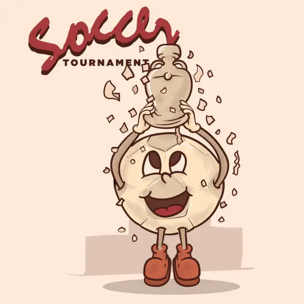 Vector illustration of football tournament champion celebration mascot concept. funky socer ball with face cartoon character mascot vector illustration