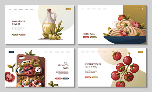Set of web pages with Italian pasta, bruschetta, olive oil, tomatoes. Italian food, healthy eating, cooking, recipes, restaurant menu concept. Vector illustration for banner, website, poster.