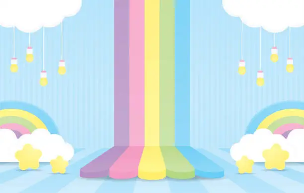 Vector illustration of kawaii sweet colorful rainbow with cloud backdrop display stage