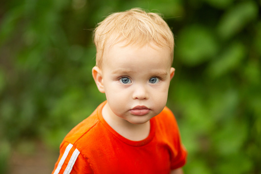 Summer portrait of small red-haired boy on nature. Concept of happy family and childhood