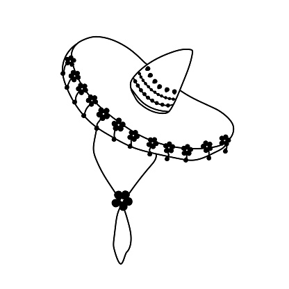 Hand drawn simple doodle Mexican Hat Sombrero decorated with floral elements and beads. Day of the Dead symbols clipart. Isolated on white background.
