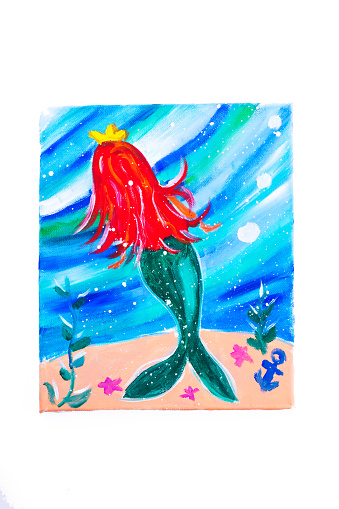 Mermaid aquarelle oil painting on canvas picture isolated on white background
