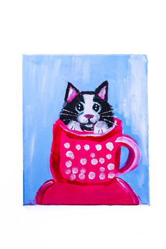 Cat in a coffee cup Oil painting on canvas
