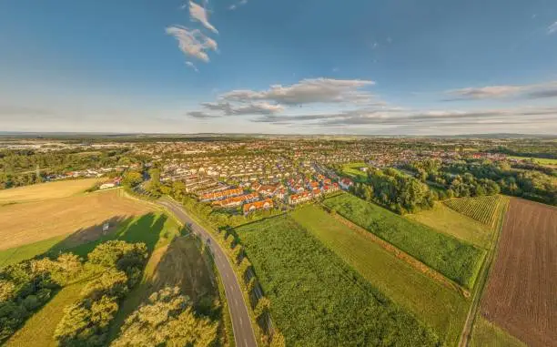 Drone panorama of the small town Dieburg near Darmstadt in southern Hesse during daytime in summer