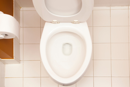 Aerial view of the bathroom toilet on a tile floor with roll of toilet paper. Looks like someone left the seat up.