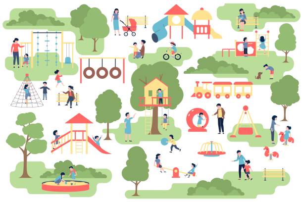 Children play in town playground in park. Kids outdoor activities, walking with mother and father. Cartoon flat kindergarten, recent vector scene Children play in town playground in park. Kids outdoor activities, walking with mother and father. Cartoon flat kindergarten, recent vector scene of park outdoor illustration cartoon of the summer for kids stock illustrations
