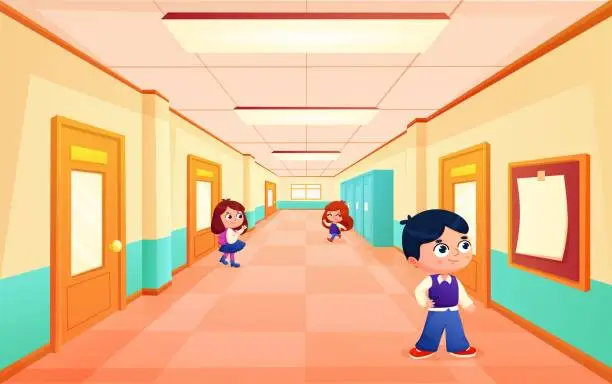 Vector illustration of Students in school hallway. Locks in corridor, little pupils go to study and welcome friends. Cartoon children in college hall, nowaday vector scene