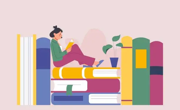 Vector illustration of Girl reading book concept. Student read textbook or diary, giant books and young female character. Hobby or self education, splendid vector concept