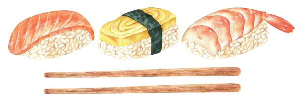 sushi-set mit ei, lachs, garnelen. aquarell-illustration. bambusstäbchen und japanisches essen. nigiri asiatische küche. handgezeichnete cliparts isoliert auf weißem hintergrund. zur menügestaltung des restaurants - sushi nigiri white background red stock-grafiken, -clipart, -cartoons und -symbole