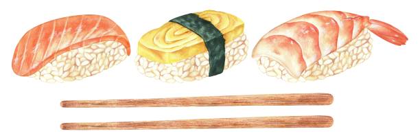 계란, 연어, 새우로 구성된 초밥. 수채화 그림입니다. 대나무 젓가락과 일본 음식. nigiri 아시아 요리. 손으로 그린 클립 아트는 흰색 배경에 분리되어 있습니다. 레스토랑 메뉴 디자인에 - sushi nigiri white background red stock illustrations
