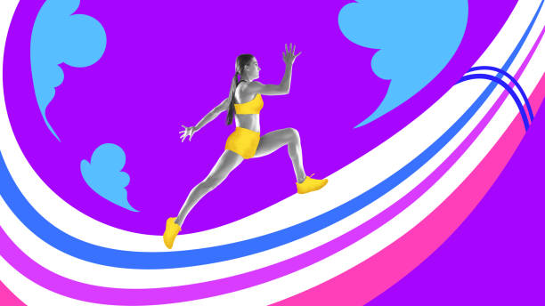 istock Creative artwork. Sportive lady with black-white filter effect, training fast speed running over bright painted background. 1613689039