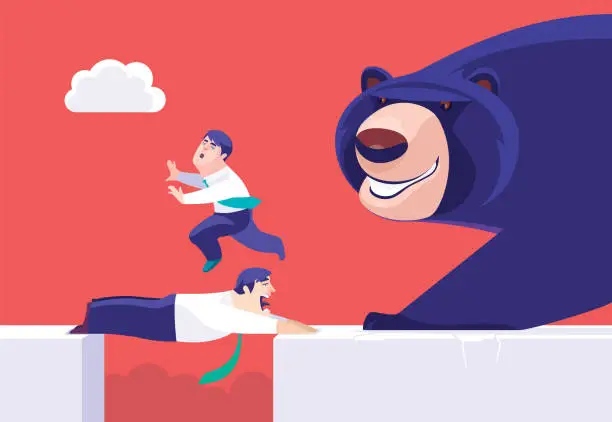 Vector illustration of bear following businessman who stepping on back of partner who lying over gap