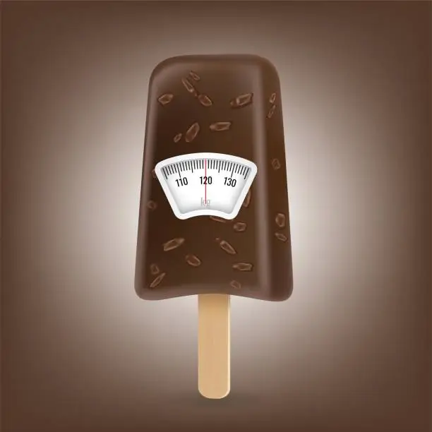 Vector illustration of Ice cream chocolate with a weight scale. Diet concept. Vector.