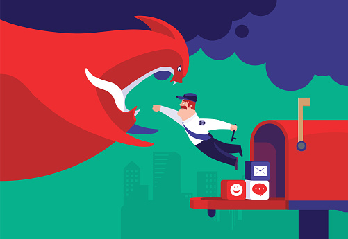 vector illustration of security guard jumping out from mailbox and punching devil