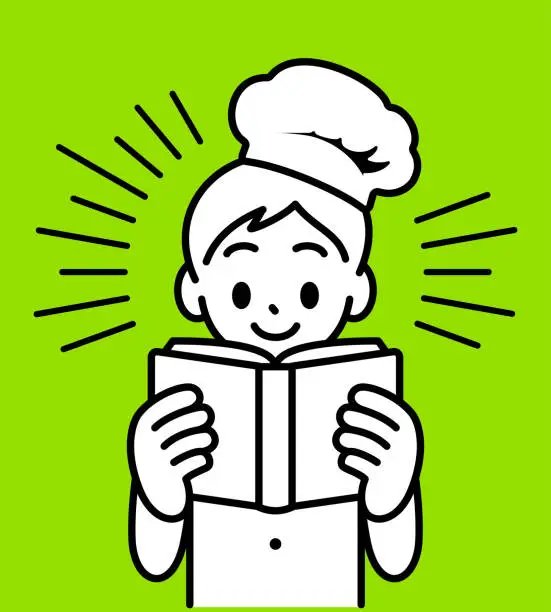 Vector illustration of A chef boy is happily reading a cookbook, minimalist style, black and white outline