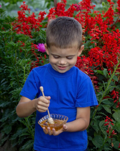 istock the boy eats honey in the garden, honey from his apiary. Selective focus. 1613720474