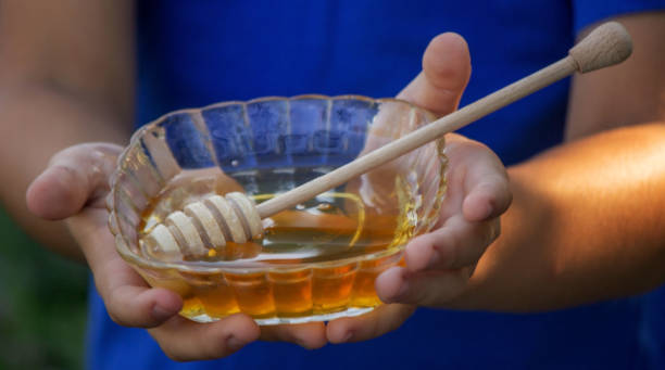 istock the boy eats honey in the garden, honey from his apiary. Selective focus. 1613720495