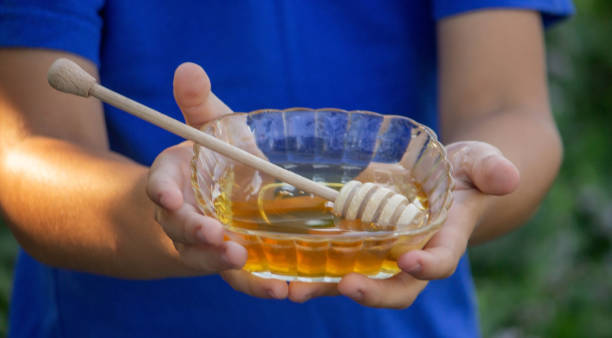 istock the boy eats honey in the garden, honey from his apiary. Selective focus. 1613720499