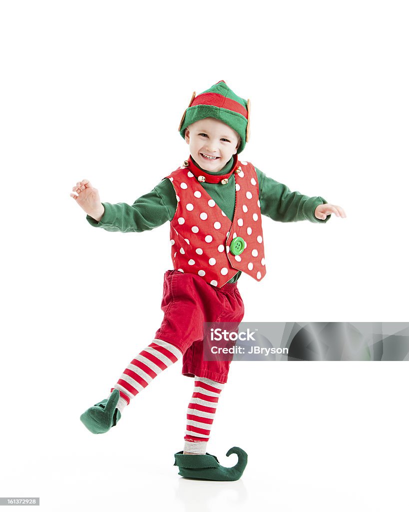 Niño vestido como Elf baila feliz Navidad plantilla - Foto de stock de Elfo libre de derechos