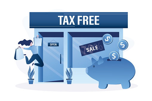 Tax free service. Happy woman customer with shopping bags. Saved money falls into the piggy bank. Vat free trading, refunding vat services, duty free zone, airport discount shop. vector illustration