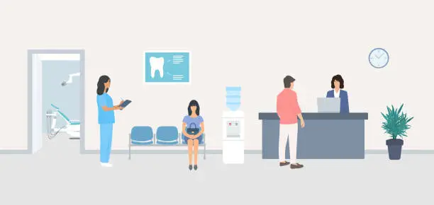 Vector illustration of Waiting Room In Dental Office With Female Patient Waiting Appointment Time. Woman Receptionist Talking With Young Man At Reception Desk