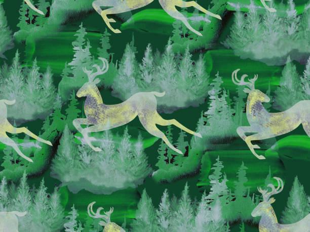 istock Deer running through the spruce forest. Seamless pattern hand-drawn in watercolor. Stock illustration 1613751417