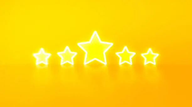 Photo of Neon light style 5 stars user rating for feedback or survey on yellow background.