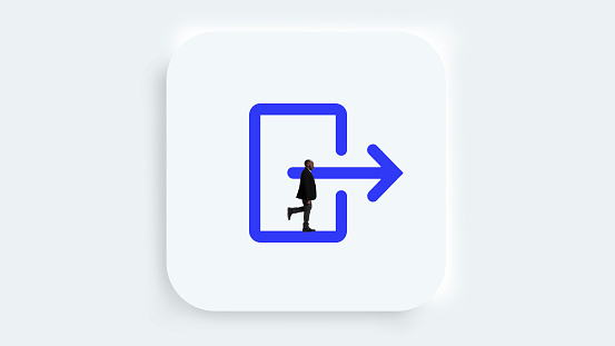 ogout, move item button icon for web, computer and mobile app. Young african american businessman go in direction of arrow. Concept of graphic, web disign, digital education, gadgets, visual, art. Ad.