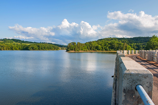 Dam between Listertalsperre Reservoir and Biggesee Reservoir, Sauerland, North Rhine westphalia, Germany.