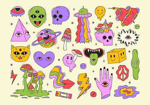 Vector set of psychedelic crazy creatures and elements. Alien, ufo, skull, mushroom, mouth and other doodles. Groovy space stickers. 70s and 80s style funky design. Abstract acid art