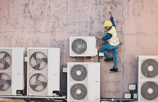 Engineer, roof and outdoor for air conditioning maintenance, construction or inspection for system, building or industry, African technician, ladder and ac tech with check, analysis or hvac services