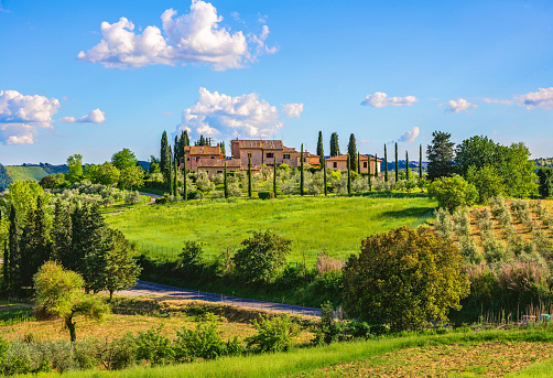 San Gimignano, Italy, June 20, 2018 - Farmland around San Gimignano