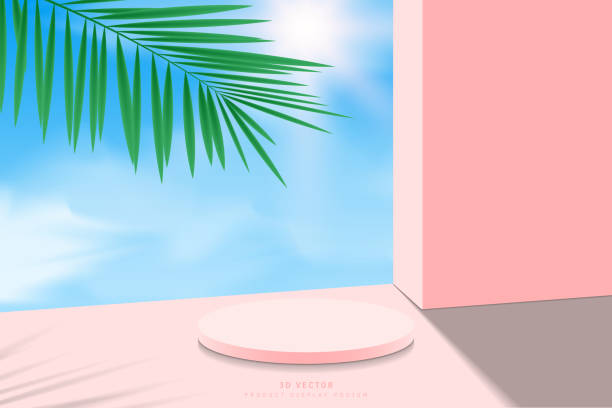 istock 3D pink cylinder podium pedestal realistic with sky, sun clouds background, wall and palm, coconut leaf. Minimal scene for product mockup. Stage for showcase. Abstract 3D vector geometric platform. 1613807676