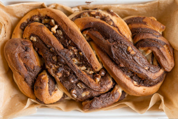Freshly baked Chocolate babka, top view.